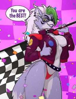 4_fingers anthro breasts camel_toe checkered checkered_flag chest_tuft clothed clothing collar dialogue dipstick_tail ear_piercing ear_ring eyebrows eyewear female fingers flag flag_(object) fur gesture glasses green_hair grey_body grey_fur hair hand_gesture holding_flag holding_object jacket markings navel no_bra piercing red_clothing red_thong red_underwear ring_piercing smile solo tail tail_markings text thong thumbs_up topwear tuft underwear white_hair yellow_eyes centinel303 five_nights_at_freddy's five_nights_at_freddy's:_security_breach scottgames steel_wool_studios roxanne_wolf canid canine canis mammal wolf 2025 english_text hi_res
