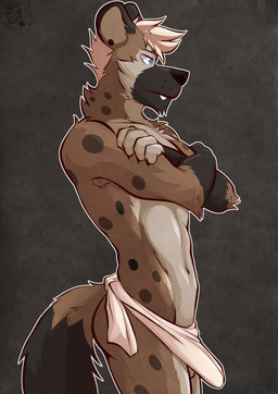 anthro arm_tuft athletic athletic_male balls black_body black_fur black_nose blue_eyes brown_body brown_fur brown_spots butt chest_tuft crossed_arms dipstick_tail ear_piercing ear_stud erection erection_under_towel fingerless_(marking) fur genitals gloves_(marking) grey_background hair looking_aside male markings mostly_nude_male navel neck_tuft piercing short_hair shoulder_tuft side_view simple_background solo spots standing tail tail_markings tan_body tan_fur text towel towel_only tuft upset whisker_spots white_hair ventkazemaru hyena mammal 2024 artist_name dated hi_res signature