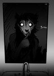 anthro bone female glowing glowing_eyes mirror shush sink skull skull_head solo hladilnik mewing_(meme) scp_foundation scp-1471-a canid canid_demon demon malo mammal monster undead 2025 greyscale hi_res monochrome