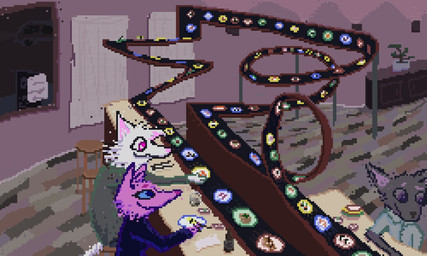 anthro conveyor_belt detailed_background female food fur furniture grey_body grey_fur group male pink_body pink_fur plate railway_track sitting smile stool sushi table trio white_body white_fur demensa canid canine canis mammal wolf 2019 5:3 digital_media_(artwork) pixel_(artwork)