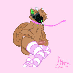 anthro bodily_fluids butt clothing collar femboy fluffy genital_fluids genitals knot legwear lying machine male penis precum solo submissive tail thigh_highs visor atoshi10101 deer hybrid mammal protogen 1:1 hi_res