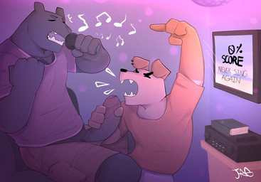 anthro bad_singing black_penis bottomwear clothed clothing duo erection eyes_closed foreskin genitals gesture hand_gesture hand_on_penis humor karaoke male male/male musical_note musical_symbol open_mouth penis penis_poking_out pointing pointing_at_another shirt shorts shorts_open singing sitting symbol text topwear vein veiny_penis jagshiro fang_(jagshiro) jaw_(jagshiro) canid canine canis domestic_dog felid mammal pantherine 2025 hi_res