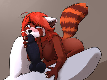 anthro black_penis blush bodily_fluids cum cum_string cumshot duo ejaculation fellatio female fur genital_fluids genitals hair hand_on_hip knot knotted_penis male male/female nude nude_anthro nude_female nude_male oral penile penis red_body red_fur red_hair sex vein veiny_penis white_body white_fur el-gallo hazrapanda ailurid mammal red_panda hi_res shaded