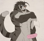 abs anthro balls biceps biped black_hair blue_eyes erection fur genitals grey_body grey_fur hair humanoid_genitalia humanoid_penis looking_at_viewer male muscular muscular_anthro muscular_male nude pecs penis pink_nose simple_background solo standing stripes tail vein white_background dazen_cobalt dazen_(character) felid mammal pantherine tiger