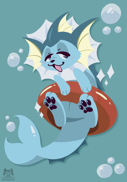 3_toes ambiguous_gender black_eyes black_pawpads blue_background blue_body blush blush_lines bubble dorsal_frill feet feral fish_tail frill_(anatomy) head_crest head_frill lidded_eyes logo looking_at_viewer neck_frill open_mouth pawpads pool_float quadruped simple_background snout solo sparkles toes white_sclera splvshcat nintendo pokemon aquatic canid eeveelution generation_1_pokemon mammal pokemon_(species) vaporeon artist_logo digital_drawing_(artwork) digital_media_(artwork) english_description hi_res lineless