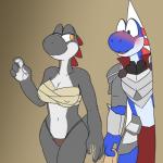 anthro armor blush breasts clothed clothing duo female simple_background underwear tala128 mario_bros nintendo fan_character rayoshi black_yoshi blue_yoshi scalie yoshi 1:1 hi_res