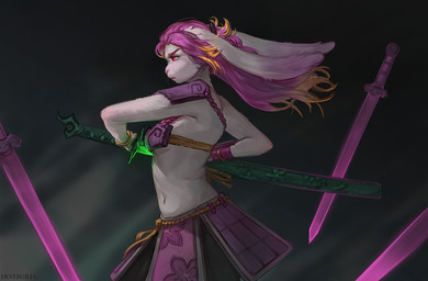 anthro bracelet eyeshadow female fur hair jewelry katana makeup melee_weapon pink_eyeshadow pink_hair red_eyes solo sword weapon white_body white_fur devergilia gunfire_reborn tao_(gunfire_reborn) lagomorph leporid mammal rabbit 2024