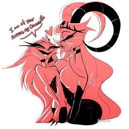 anthro big_breasts breast_squish breasts dialogue duo female female/female heart_symbol horn squish text saucymist hazbin_hotel hellaverse helluva_boss lilith_magne_(hazbin_hotel) stella_(helluva_boss) avian bird bird_demon demon galliform horned_humanoid human humanoid mammal owl_demon peafowl phasianid 1:1 2023 digital_media_(artwork) english_text