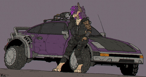 anthro belt black_bottomwear black_clothing black_jeans black_pants black_pawpads bottomwear brown_body brown_fur car cheek_tuft chest_tuft clothing denim denim_bottomwear denim_clothing facial_tuft feet fur gloves hair hand_in_pocket handwear headlight hindpaw inner_ear_fluff jeans knee_pads leaning leaning_on_car male pants pawpads paws pockets pouches purple_car purple_eyes purple_hair shoulder_pads smoking solo tools tuft vehicle wrench alexandrys drex_the_lynx felid feline iberian_lynx lynx mammal 2022 chromatic_aberration digital_drawing_(artwork) digital_media_(artwork)