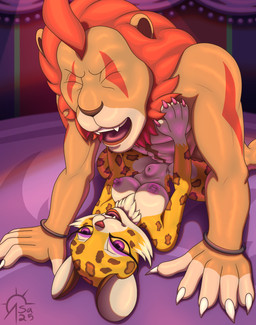4_fingers 5_fingers abdominal_bulge anthro anthro_on_anthro anthro_penetrated anthro_penetrating anthro_penetrating_anthro black_nose breasts circus duo eyes_closed fangs female fingers from_front_position fur humanoid_hands lying male male/female mane markings missionary_position multicolored_body multicolored_fur muscular muscular_anthro muscular_male navel nipples nude nude_anthro nude_female nude_male on_back penetration penile penile_penetration penis_in_vagina red_mane sex smile spots spotted_body spotted_fur tan_body tan_fur teeth tongue two_tone_body two_tone_fur vaginal vaginal_penetration white_body white_fur yellow_body yellow_fur sacrificabominat kirby_(series) nintendo clawroline leongar felid leopard lion mammal pantherine 2025 hi_res signature