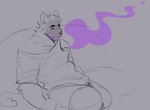 anthro arm_tuft clothed clothed_anthro clothed_male clothing elbow_tuft furniture grey_background male male_anthro purple_smoke shirt simple_background sitting smoke sofa solo topwear tuft melaisen canid canine canis domestic_dog mammal 2021 absurd_res digital_drawing_(artwork) digital_media_(artwork) hi_res monochrome sketch spot_color