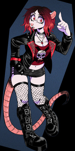 5_fingers abstract_background alternative_fashion anthro biped boots bottomwear clothing female fingers fishnet_clothing fishnet_legwear footwear gesture hair hand_gesture highlights_(coloring) jacket jewelry leather leather_clothing leather_jacket leather_topwear legwear looking_at_viewer necklace open_mouth pointing pointing_up punk red_eyes red_hair shoes shorts solo standing tail topwear white_body gutter-bunny mammal murid murine rat rodent 2024 absurd_res digital_media_(artwork) hi_res