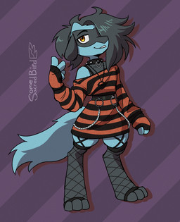 3_toes anthro black_body black_fur black_hair blue_body blue_fur chain clothed clothing collar crossdressing dress facial_markings feet femboy fishnet_clothing fishnet_leggings fishnet_legwear fluffy fluffy_hair fur gesture hair hand_gesture head_markings jewelry leggings legwear looking_at_viewer male markings mask_(marking) necklace orange_eyes pattern_background purple_background simple_background solo spiked_collar spikes standing striped_background sweater sweater_dress tail toes topwear v_sign wearing_collar somesacredbird meme_clothing nintendo pokemon fan_character riolu_(somesacredbird) generation_4_pokemon pokemon_(species) riolu 2025 digital_drawing_(artwork) digital_media_(artwork) english_description hi_res meme