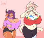 amputee anthro antlers ball beach_ball belly big_breasts blush bodily_fluids breasts cat_tail clothed clothing curvy_figure disability duo fangs female fur hair horn huge_breasts hyper hyper_breasts inflatable nervous nervous_sweat pink_hair prosthetic purple_hair red_eyes scut_tail short_tail slightly_chubby sweat tail teasing teeth thick_thighs topwear umbris_(umbris7) doxxyl capri_(doxxyl) umbris_(character) cervine deer domestic_cat felid feline felis mammal digital_media_(artwork) hi_res