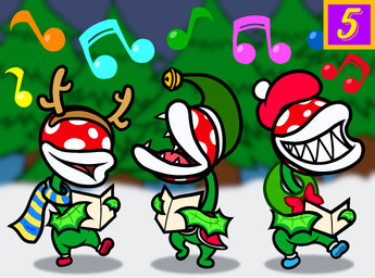 bell_hat black_sky blue_clothing blue_footwear blue_shoes blue_stripes caroling clothing eyeless fake_antlers fake_horns featureless_crotch featureless_feet feet footwear forest green_body green_clothing green_hat green_headwear green_skin group hair hat headgear headwear holding_object holding_paper holidays leaf leaf_arms light lips male male_humanoid musical_note musical_symbol noseless not_furry number on_one_leg open_mouth open_smile outside paper pattern_clothing pattern_scarf pink_tongue plant red_beret red_bow red_clothing red_footwear red_hair red_shoes red_topwear red_vest scarf sharp_teeth shoes simple_background sky smile snow spots spotted_head standing striped_clothing striped_scarf stripes symbol teeth text_box thick_lips tongue toothy_grin topwear tree trio vest white_lips white_spots winter wreath yellow_scarf captainquack64 christmas mario_bros nintendo super_mario_bros_wonder elemental_creature flora_fauna humanoid piranha_plant trottin'_piranha_plant 2023 colored digital_drawing_(artwork) digital_media_(artwork) english_description hi_res lighting shaded simple_shading