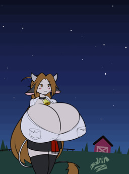alien_abduction barn bell bell_collar big_breasts blush blush_lines bottomwear breasts brown_eyes brown_hair cleavage clothed clothing collar cowbell female hair horn huge_breasts hyper hyper_breasts long_hair navel night shirt solo tail thick_thighs topwear tractor_beam ufo wide_hips zedrin meushi_mattie_(matsu-sensei) animal_humanoid bovid bovid_humanoid bovine bovine_humanoid cattle_humanoid horned_humanoid humanoid mammal mammal_humanoid animated animated_webp hi_res no_sound