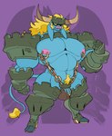 2023 2_horns 5_fingers action_pose anthro armguard armguards armor armored_boots armored_gloves armwear artist_name balls_outline barazoku big_bulge big_muscles blonde_hair blonde_pubes blue_body bovid bovid_horn bovine bovine_horn bovine_tail bulge castle cattle chain chain_straps clothing colored colored_line_art demon detailed_bulge digital_drawing_(artwork) digital_media_(artwork) european_mythology exposed_chest fingers footwear genital_outline genitals greek_mythology guard hair hi_res hooves horn huge_bulge humanoid_genitalia humanoid_hands humanoid_penis ineffective_clothing jinti_(artist) jockstrap kings_of_hell knight legwear legwear_around_legs looking_at_viewer male mammal manly minotaur morax_(kings_of_hell) muscular muscular_anthro muscular_male mythology navel nipple_piercing nipple_ring nipples pecs penis penis_base penis_outline penis_peek piercing pose pube_peek pubes purple_background ring_piercing segment_armor shadowed_eyes simple_background solo tail tail_tuft thong tuft unconvincing_armor underwear unusual_clothing warrior