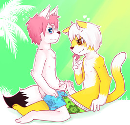 adolescent anthro beach blue_eyes blush bodily_fluids brown_eyes chest_tuft clothed clothing condom duo erection foreskin frottage fur genital_fluids genitals hair half-closed_eyes heart_symbol holding_condom holding_object kneeling looking_away male male/male narrowed_eyes nipples outside partially_retracted_foreskin penile penis penises_touching pink_hair precum seaside seductive sex sex_on_the_beach sexual_barrier_device shota shy side_view sitting smile straddling swimming_trunks swimwear topless tuft white_body white_fur white_hair yellow_body yellow_fur young young_anthro kake0078 four_(numberfour) pioky_(keyran) domestic_cat felid feline felis mammal 2016 digital_media_(artwork)