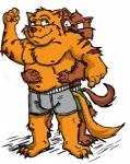 anthro big_muscles bulge clothed clothing duo male muscular muscular_male navel simple_background topless unknown_artist hanna-barbera swat_kats chance_furlong jake_clawson razor_(swat_kats) domestic_cat felid feline felis mammal