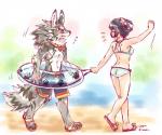 anthro bikini clothed clothing countershading duo feet female male standing swimwear toes topless two-piece_swimsuit haruki lifewonders tokyo_afterschool_summoners seth_(tas) canid canine canis human jackal mammal 2018