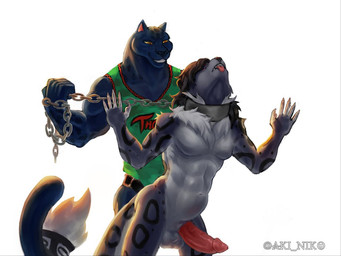 anal anal_penetration anthro areola balls biceps bodily_fluids bottomless bottomless_anthro bottomless_female bottomless_male chain chain_leash clothed clothing collar dominant dominant_female dripping duo ear_piercing ear_ring erection female female_penetrating female_penetrating_male from_behind_position fur genital_fluids genitals holding_chain holding_leash holding_object humanoid_genitalia humanoid_penis leaking_precum leash male male/female male_penetrated markings melanistic muscular muscular_anthro muscular_female narrowed_eyes navel nipple_piercing nipples nude object_in_ass pegging penetration penile penis piercing precum precum_drip pubes ring_piercing sex sex_toy sex_toy_in_ass sex_toy_insertion shirt simple_background smile sports_uniform spots spotted_body standing standing_sex strapon strapon_in_ass strapon_sex submissive submissive_male tank_top text tongue tongue_out topwear toying_partner aki_niko goat_(movie) sony_corporation sony_pictures jett_fillmore felid leopard mammal pantherine snow_leopard digital_media_(artwork)