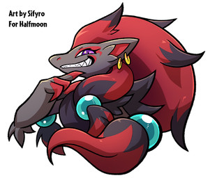 ambiguous_gender beads claws ear_piercing ear_ring facial_markings fluffy hair head_markings long_hair markings piercing purple_eyes red_claws ring_piercing smile smirk smug blitzdrachin conditional_dnp nintendo pokemon generation_5_pokemon pokemon_(species) zoroark