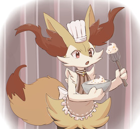 3_fingers :o ambiguous_anthro ambiguous_gender anthro apron arm_tuft biped black_body bottomless bottomless_ambiguous bottomless_anthro bowl cheek_tuft chef_hat chest_tuft claws clothed clothing container cooking cute_fangs dipstick_tail facial_tuft fangs finger_claws fingers flat_chested fluffy fluffy_tail frilly frilly_apron frilly_clothing front_view fur hat headgear headwear hip_tuft holding_bowl holding_container holding_object holding_whisk inner_ear_fluff kitchen_utensils markings multicolored_body multicolored_fur open_mouth orange_body orange_eyes orange_fur orange_inner_ear_fluff orange_nose orange_tail_tip partially_clothed_ambiguous partially_clothed_anthro pointy_ears prick_ears shoulder_tuft solo sprinkles standing tail tail_markings teeth tongue tools tuft two_tone_tail whisk white_body white_claws white_fur yellow_body yellow_fur yellow_tail ska_siyu nintendo pokemon braixen canid generation_6_pokemon mammal pokemon_(species) 2022 cel_shading colored digital_drawing_(artwork) digital_media_(artwork) half-length_portrait hi_res portrait shaded