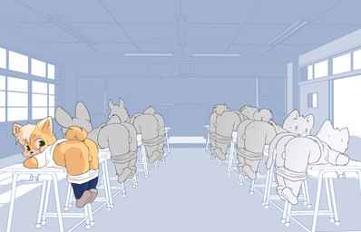 anthro blue_clothing blue_footwear blue_socks bodily_fluids butt classroom classroom_desk clothed clothing footwear green_eyes group hair happy inside looking_back male partially_clothed school shirt socks sweat topwear underwear underwear_down white_clothing white_shirt white_topwear young young_anthro young_male woory wanpaku canid canine canis domestic_dog mammal 2026 absurd_res english_description hi_res