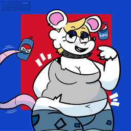 alternative_fashion anthro belly belly_overhang beverage beverage_can big_ears blonde_hair bottomwear bra_strap breasts buckteeth choker cleavage clothed clothed_anthro clothed_female clothing denim denim_bottomwear denim_clothing denim_shorts ear_piercing eyebrow_through_hair eyebrows eyelashes eyeliner facial_tuft female female_anthro fur grey_clothing grey_shirt grey_topwear hair heterochromia jewelry lidded_eyes long_tail looking_at_viewer makeup motion_lines nails navel necklace open_mouth open_smile overweight overweight_anthro overweight_female piercing pose pubic_fuzz punk raised_arm raised_tail shirt short_hair shorts simple_background smile soda solo standing tail tank_top teeth thick_thighs topwear translucent translucent_hair tuft white_body white_fur wide_hips sunnysideupe normalsville pepsi pepsi_(normalsville) mammal mouse murid murine rodent 1:1 2026 absurd_res hi_res pinup