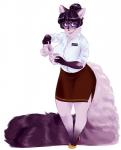 anthro beverage big_breasts biped black_body black_fur black_hair blue_eyes breasts clothed clothing coffee container cream_(food) creamer cup eyewear female footwear fully_clothed fur glasses grey_body grey_fur hair heart_symbol high_heels name_tag shoes simple_background solo white_background lizombie nikki_(lizombie) domestic_cat felid feline felis maine_coon mammal digital_media_(artwork) hi_res shaded