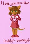 anthro bittersweet_candy_bowl brown_hair clothed clothing domestic_cat dress english_text felid feline felis female footwear green_eyes hair heart_symbol holidays low_res mammal radial_(artist) shoes smile solo text valentine's_day young young_anthro