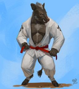 anthro body_hair chest_hair clothing eye_scar facial_scar fur hair happy_trail hooves male muscular muscular_male navel scar sky tail tusks neungsonie mammal suid suine sus_(pig) wild_boar absurd_res hi_res