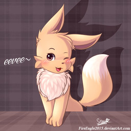ambiguous_gender blush brown_eyes brown_tail dipstick_tail feral markings multicolored_tail one_eye_closed open_mouth pattern_background paws plaid plaid_background pokemon_speak simple_background smile solo tail tail_markings text tongue white_tail white_tail_tip wink senz nintendo pokemon canid canine eevee generation_1_pokemon mammal pokemon_(species) 1:1 2016 english_text hi_res signature url