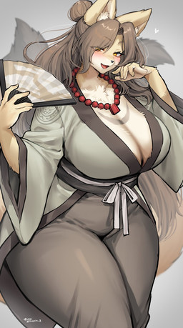 5_fingers anthro asian_clothing big_breasts black_clothing blush bottomwear breasts brown_hair chest_tuft clothing east_asian_clothing eye_through_hair eyelashes female fingers fur grey_background grey_clothing hair hair_bun hakama hand_fan heart_symbol huge_thighs inner_ear_fluff japanese_clothing jewelry kemono kimono long_hair looking_at_viewer messy_hair multi_tail necklace open_mouth ribbons simple_background solo tail tan_body tan_fur thick_thighs translucent translucent_hair tuft white_body white_clothing white_fur yellow_eyes suurin_2 master_fox_(chanwoongj37316) canid canine fox mammal 2025 digital_drawing_(artwork) digital_media_(artwork) hi_res shaded signature