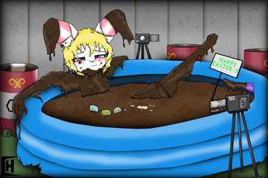 anthro bedroom_eyes blonde_hair blue_eyes blush bodily_fluids candy chocolate cum dessert dildo femboy food fur genital_fluids hair holidays i_can't_believe_it's_not_feces inflatable_pool male messy narrowed_eyes outside recording seductive sex_toy smile solo swimming_pool wam white_body white_fur charliebnnuy easter lagomorph leporid mammal rabbit hi_res