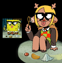 4_fingers anthro antlers barefoot biped blonde_hair brown_body chips_(food) clothed clothing coin eyewear feet female fingers food freckles glasses hair horn long_hair napkin nerd silly sitting solo tan_body tongue tongue_out iluvrabbitz deltarune nickelodeon spongebob_squarepants undertale_(series) noelle_holiday spongebob_squarepants_(character) aquatic deer mammal new_world_deer reindeer sea_sponge reference_image