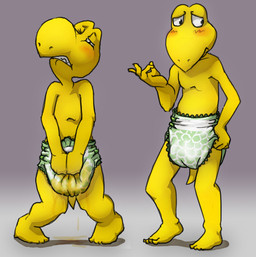 anthro biped blush bodily_fluids clean_diaper clothed clothing diaper diaper_only duo embarrassed genital_fluids green_diaper leaking_diaper male simple_background topless unclean_diaper urine used_diaper wearing_diaper wet_diaper yellow_body crackajackin mario_bros nintendo koopa koopa_troopa reptile scalie 2010 digital_media_(artwork) hi_res