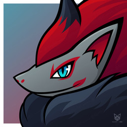 ambiguous_gender anthro black_body black_fur black_hair black_markings blue_eyes chest_tuft eye_markings fluffy fluffy_chest fluffy_hair fur gradient_background grey_body grey_fur hair long_hair mane markings mouth_markings multicolored_body nose_markings pupils red_body red_fur red_hair red_inner_ear simple_background slit_pupils smile solo tuft two_tone_body aiex571 nintendo pokemon generation_5_pokemon pokemon_(species) zoroark 1:1 2022 absurd_res colored digital_drawing_(artwork) digital_media_(artwork) headshot_portrait hi_res icon portrait signature watermark