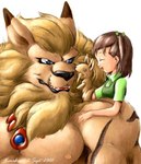 anthro athletic black_nose blue_eyes brown_body brown_fur brown_hair clothed clothing collar dipstick_ears duo ear_markings eyes_closed fangs female fur guardian hair happy male multicolored_ears muscular nipples open_mouth pecs playing puppet relaxing scar simple_background size_difference smile teeth topless white_background karabiner bandai_namco digimon jeri_katou digimon_(species) felid human leomon mammal 2001