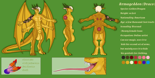 2_penises 4_arms animal_genitalia anthro arm_tattoo arms_out balls big_balls big_penis chest_tattoo digitigrade doom_slayer_symbol ears_back front_view fully_sheathed genitals gold_scales hair horn huge_balls huge_penis hyper hyper_balls hyper_genitalia hyper_penis long_tail long_tongue male membrane_(anatomy) membranous_wings multi_arm multi_genitalia multi_horn multi_limb multi_penis multicolored_body multicolored_penis muscular muscular_anthro muscular_male open_mouth penis pivoted_ears platinum_blonde rear_view sheath shoulder_tattoo side_view solo tail tattoo teeth text tongue two_tone_body wings yellow_eyes vulpixxeon doom_(series) doom_eternal id_software jojo's_bizarre_adventure microsoft mythology armageddon_(dracothegolden) dragon mythological_creature mythological_scalie scalie english_text hi_res model_sheet