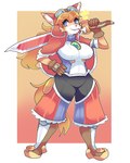 blue_eyes breasts clothed clothing crossgender female mtf_crossgender solo tail weapon onigiri_punch cyberconnect2 little_tail_bronx solatorobo scarlet_savarin akita akita_inu canid canine caninu canis domestic_dog mammal spitz 2021 absurd_res hi_res