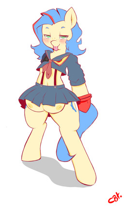 anthro areola asian_clothing big_teats blue_hair blush bottomwear clothing cutie_mark east_asian_clothing female freckles fur gloves green_eyes hair handwear japanese_clothing japanese_school_uniform looking_at_viewer miniskirt multicolored_hair nipples school_uniform serafuku simple_background skirt smile solo standing suspenders teats tongue tongue_out two_tone_hair uniform white_background yellow_body yellow_fur cold-blooded-twilight hasbro kill_la_kill my_little_pony studio_trigger fan_character milky_way_(flash_equestria) senketsu earth_pony equid equine horse kamui_(kill_la_kill) mammal pony 2014 3:5 absurd_res crossover hi_res