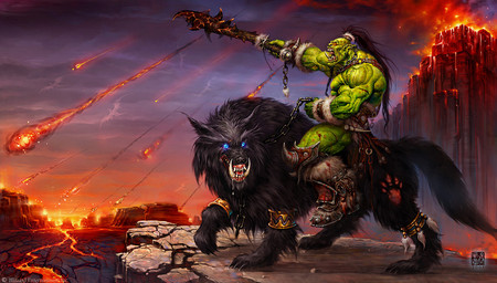 ambiguous_gender black_body black_fur black_hair blue_eyes chain chain_leash claws detailed_background duo feral fire fur gold_(metal) gold_jewelry green_body hair holding_melee_weapon holding_object holding_weapon humanoid_pointy_ears jewelry lava leash male melee_weapon meteor mountain muscular muscular_male outside pointy_ears ponytail riding rock tail volcano weapon wei_wang blizzard_entertainment warcraft canid canine canis humanoid mammal orc wolf 2005 official_art