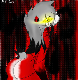 ambiguous_gender anthro butt grin grinning_at_viewer small_tail smile smiling_at_viewer solo stitched_body tail fex_le_scree nintendo pokemon lucky_the_lycanroc_(character) generation_7_pokemon lycanroc midnight_lycanroc pokemon_(species) absurd_res hi_res huge_filesize