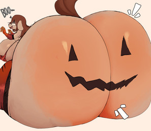 anthro big_breasts big_butt bikini bikini_top bodypaint bottomless breasts brown_hair butt clothed clothing female gloves hair handwear holidays huge_breasts huge_butt huge_thighs hyper hyper_butt legwear open_mouth painted_butt sitting solo swimwear tan_body text thick_thighs thigh_highs two-piece_swimsuit anothercat fullmetal_alchemist halloween nina_tucker canid canine canis domestic_dog mammal english_text hi_res