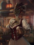 alcohol anthro barmaid beer between_breasts beverage big_breasts breasts cleavage clothed clothing detailed_background female horn skimpy solo waiter fossa666 microsoft the_elder_scrolls argonian reptile scalie 2022 digital_media_(artwork) hi_res