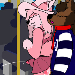 anthro balls big_penis bodily_fluids bottomwear brown_body brown_fur clothed clothing clothing_lift cum cum_in_ass cum_inside duo excessive_cum excessive_genital_fluids femboy fur genital_fluids genitals hot_dogging knot knotted_penis male male/male necktie penis pink_body pink_fur public public_sex public_transportation sex skirt skirt_lift stealth_sex sweater topwear doug_polaris dougpolaris maiko_(klonoa0w0) canid canine canis humanoid mammal maned_wolf wolf 1:1 hi_res