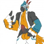 1:1 anthro avian balls biped bird breath_of_the_wild clothed clothing erection foreskin genitals humanoid_genitalia humanoid_penis kass_(tloz) male nintendo partially_clothed penis rito secretary solo strawberrycucumber the_legend_of_zelda thick_penis