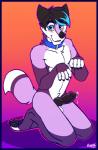 animal_genitalia animal_penis anthro black_hair black_nose black_penis blue_eyes bodily_fluids canine_genitalia canine_penis collar erection femboy fur genital_fluids genitals hair knot male penis precum purple_body purple_fur simple_background solo higsby taro-fox canid canine fox mammal 2016 hi_res