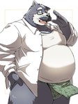 anthro asian_clothing belly big_belly blush clothing east_asian_clothing facial_hair fundoshi green_clothing green_fundoshi green_underwear japanese_clothing kemono male mature_male mustache open_mouth overweight overweight_male shirt simple_background solo topwear underwear emufu canid canine canis domestic_dog mammal 2025 hi_res